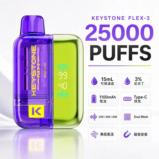 超值特價【買一盒煙彈送主機】KEYSTONE FLEX-3 鑰石 25000口拋棄式電子煙套裝｜三段功率調節設計 透明油艙搭配旗艦級換彈體驗